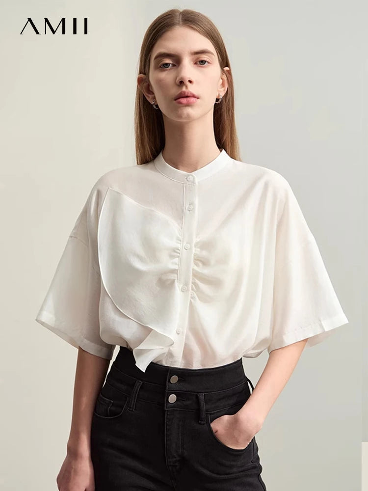 អាវ Amii Minimalism 2025 សម្រាប់នារី រដូវក្តៅ អាវក្រៅកអាវឈរ អាវមិនស្មើគ្នា សម្រាប់នារី អាវស្មារលុង 12422008
