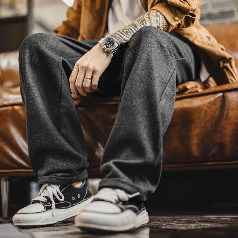 Maden Men's Grey Thickened Wool-Like Dress Pants Straight-Leg Casual Long Pants Warm Commuter Office Trousers for Autumn Winter