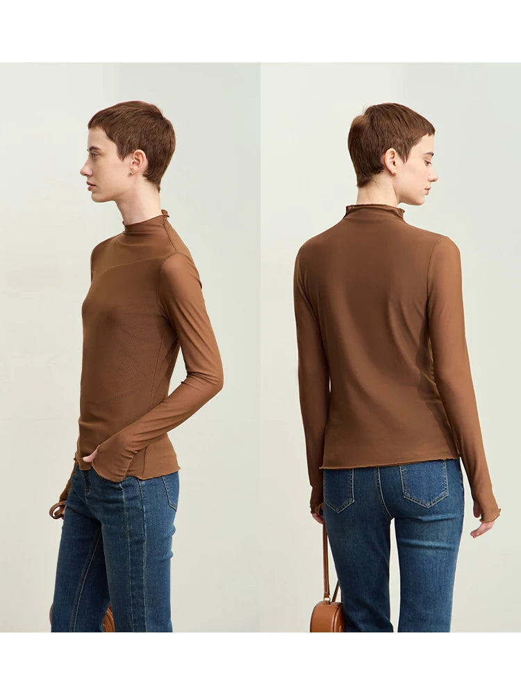 អាវយឺត Amii Minimalism Mesh សម្រាប់ស្ត្រី 2026 រដូវស្លឹកឈើជ្រុះថ្មី Office Lady ពាក់កណ្តាលខ្ពស់ Micro Perspective អាវ Retro ស្ដើង 12423055