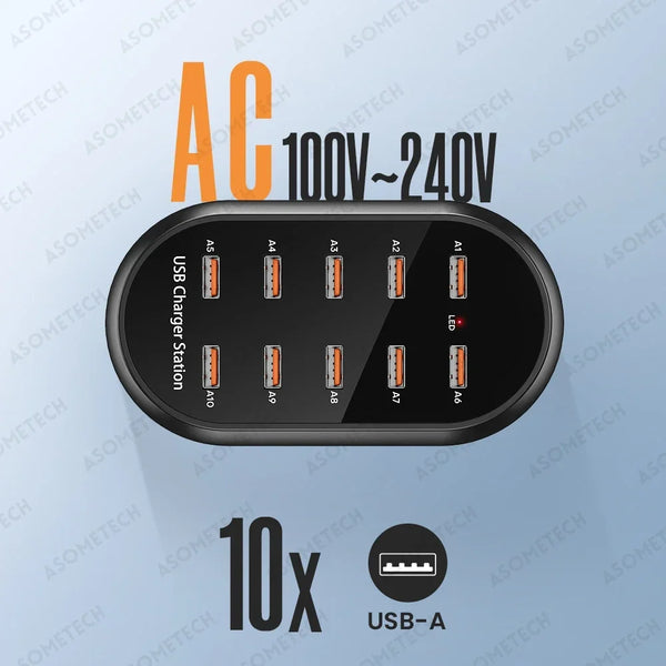 ស្ថានីយសាកថ្ម USB 10 រន្ធ 50W ឧបករណ៍សាកថ្មកុំព្យូទ័រលើតុ មជ្ឈមណ្ឌល USB ច្រើនរន្ធ សម្រាប់ iPhone 16 15 Pro Samsung ថេប្លេត iPad ឧបករណ៍ច្រើន