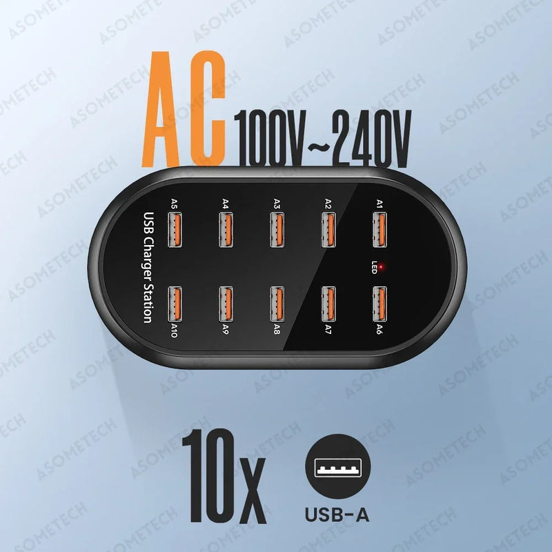 ស្ថានីយសាកថ្ម USB 10 រន្ធ 50W ឧបករណ៍សាកថ្មកុំព្យូទ័រលើតុ មជ្ឈមណ្ឌល USB ច្រើនរន្ធ សម្រាប់ iPhone 16 15 Pro Samsung ថេប្លេត iPad ឧបករណ៍ច្រើន