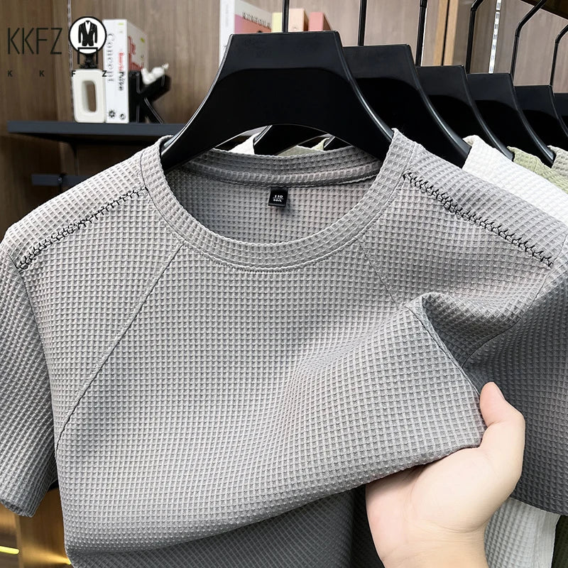 Men Waffle Knit Short Sleeve Crew Neck T Shirt Casual Lightweight Breathable Soft Top For Daily Use