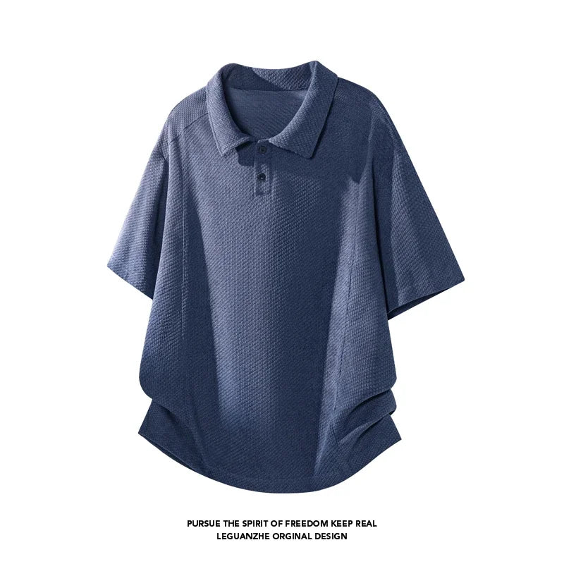 Mens Honeycomb Textured Polo Top Short Sleeve Lapel Neck Button Detail Loose Fit For Outdoor Leisure And Travel Outfit