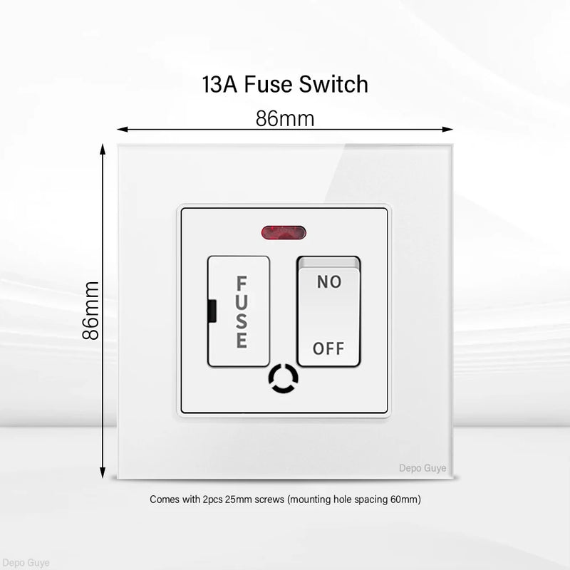 UK Standard 18W Type-C Fast Charging Universal Dual 3pin Power Outlet,White Tempered glass Wall light Switch Panel  For Home