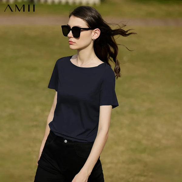 Amii Minimalism 2026 Women T-shirt Summer New Simple One-line Collar Cotton Short-sleeve Female Solid Color Casual Tops 12422177