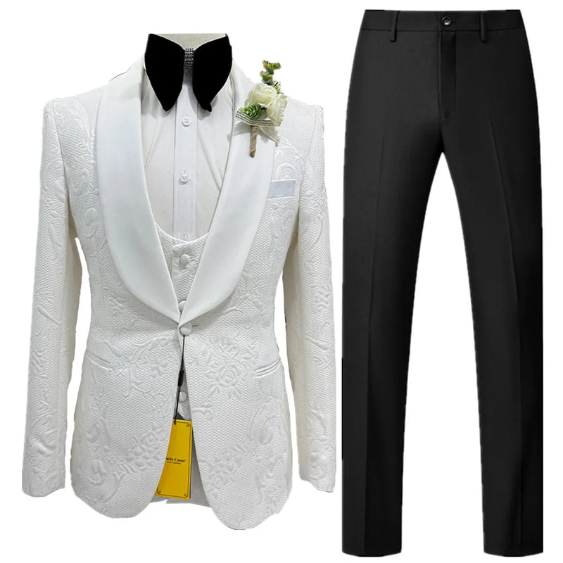 Men’s White Sequin & Crystal Embroidered Shawl Collar Blazer + Vest + Black Slim Fit Trousers - Dazzling Formal Suit Set