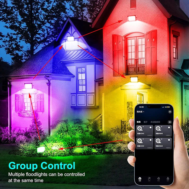 RGB LED Flood Light Bluetooth APP Control Smart Floodlights Timing Music Sync IP66 Waterproof Landscape Lighting with EU Plug