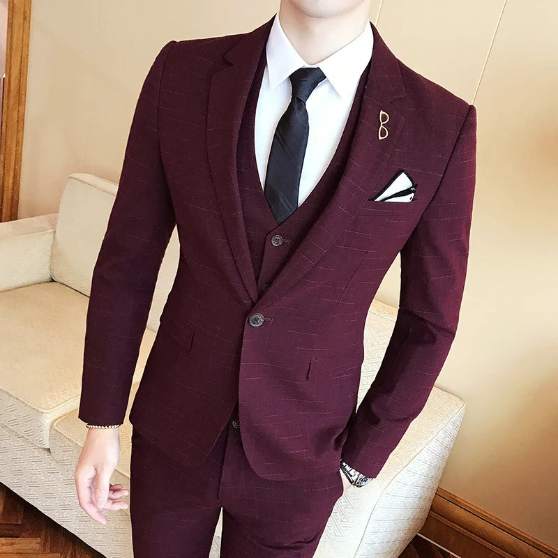 2026 Men Black Classic Striped/Checked Suits, Men's Business Office 3-Piece, Asian Size Slim Fit Sets, Blue/Gray Available