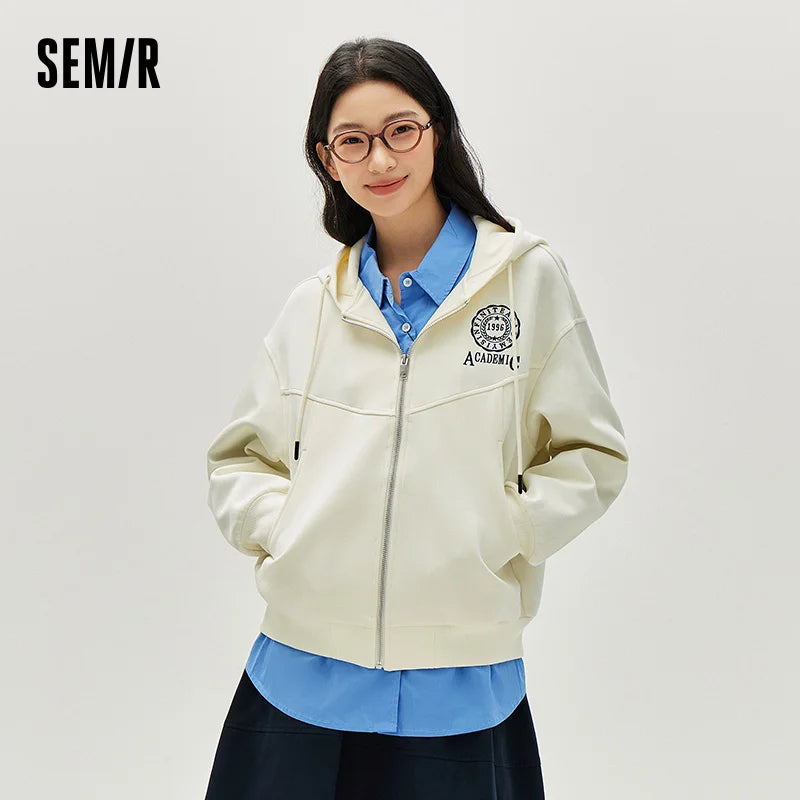 Semir Textured Jacket Women Spring Hooded Letter Embroidery Loose Drop Shoulder Split Design Preppy Style Casual Top