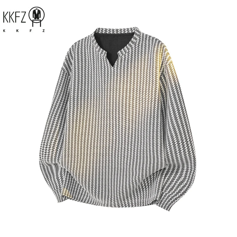 Male Relaxed Oversized V Notch Long Sleeve Top Houndstooth Knit Pattern Lightweight Fabric For Holiday Daily Styling