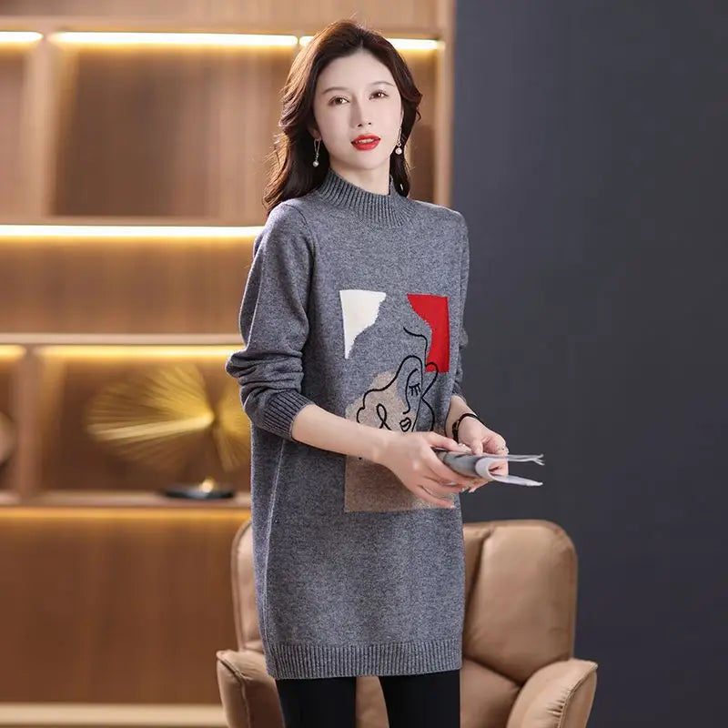 Middle Aged Mother Pullovers Vintage Printed Half High Collar Knitwears Pull Femme Autumn Winter Bottoming Sweater Women