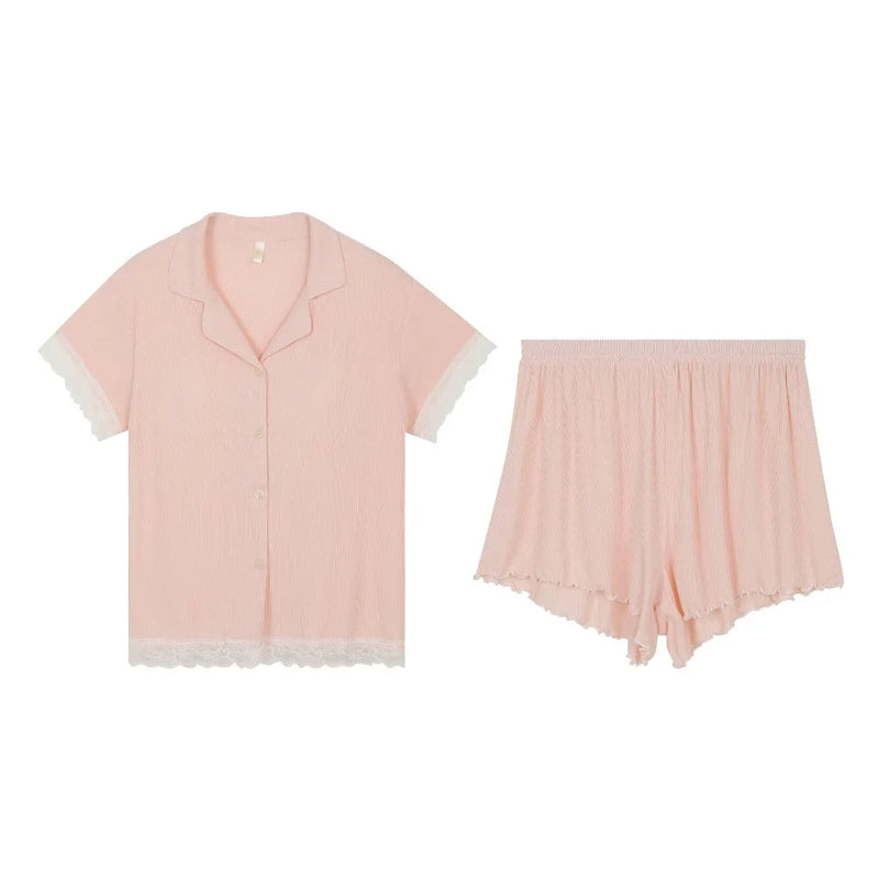 New Summer Pajamas Chest Pad Pink Sleepwear Short Sleeve Nightwear 2 Pieces Set for Woman Loungewear Sleep Lounge Wear Pijama