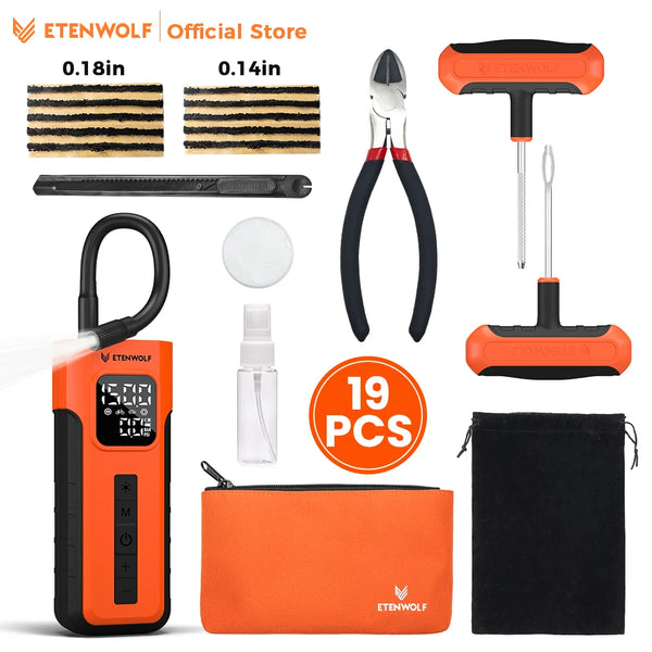 ឧបករណ៍បំប៉ោងខ្យល់ និងឌុយ ETENWOLF C2 Combo ថ្មី 2-in-1 ជាមួយដង្កៀបជួសជុលសំបកកង់ 16 ដុំ បន្ទះឌុយសំបកកង់ ខ្លាញ់ និងថ្នាំបាញ់ជួសជុលសំបកកង់