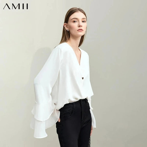 Amii Women's Autumn Blouse 2026 New Solid Color V-Neck Ruffle Double Layer Chiffon Top Loose French Style Elegant Shirt 12611024
