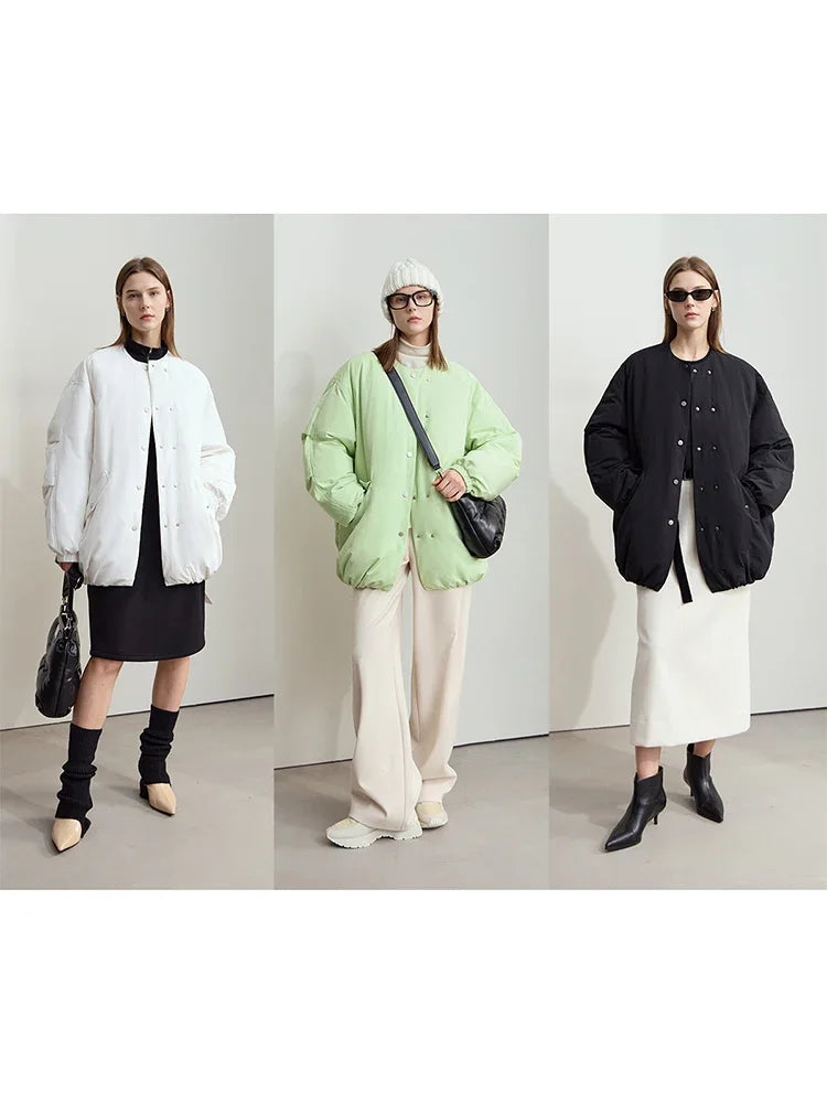 AMII Minimalism Women's Down Jacket 2026 Winter Casual Warm Round Neck Ultra-loose Long Sleeve Solid Versatile Overcoat 12444112