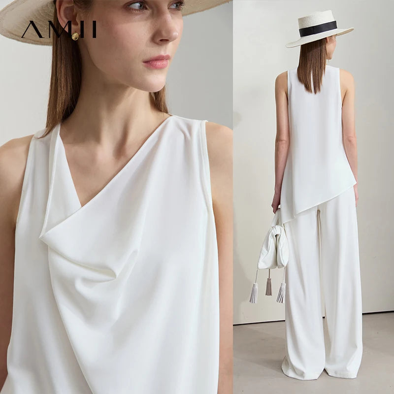 AMII Women Minimalist Elegant Summer Blouse 2026 Solid Sleeveless Casual Tank Tops Lady New Fashion Chiffon Vest Woman 12542019