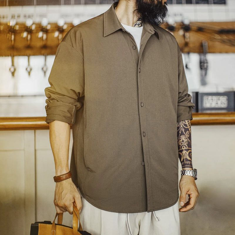 Maden Men's Vintage Safari Shirt Turn-Down Collar Long Sleeve Overshirt with Elbow Patches Single-Breasted Casual Spring Blouse