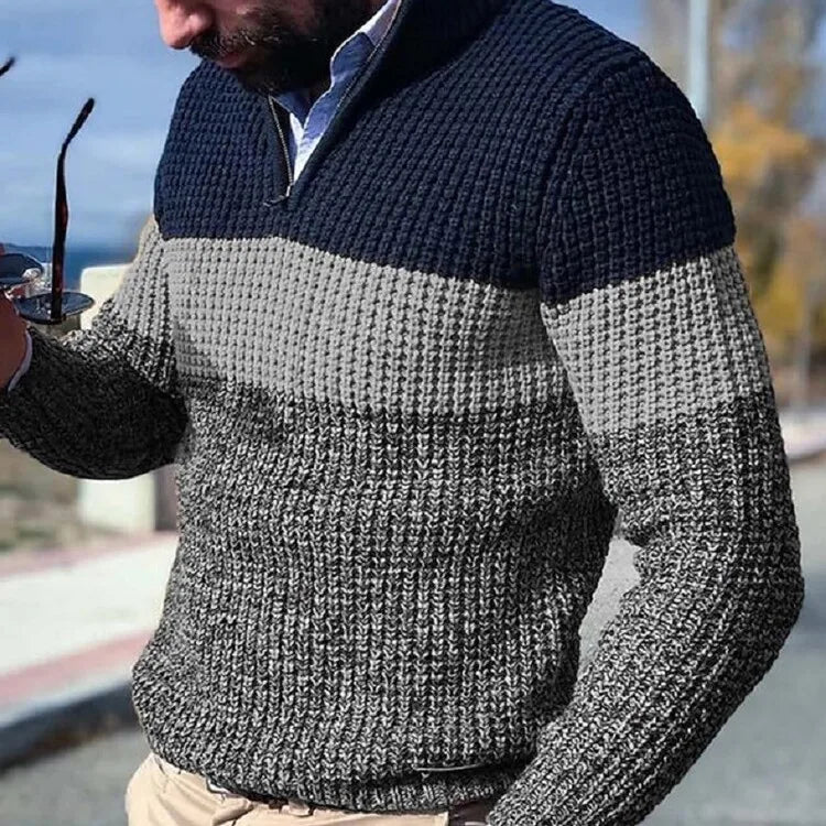 Men's Color Block Turn-Down Collar Knit Sweater - Gray (Yellow/Orange Red) M-2XL