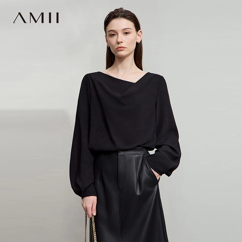 AMII 2026 Autumn Women Blouse Minimalism Solid Loose Simple Gentle Breeze Long-sleeve Office Lady Shirts Female Tops 12543062