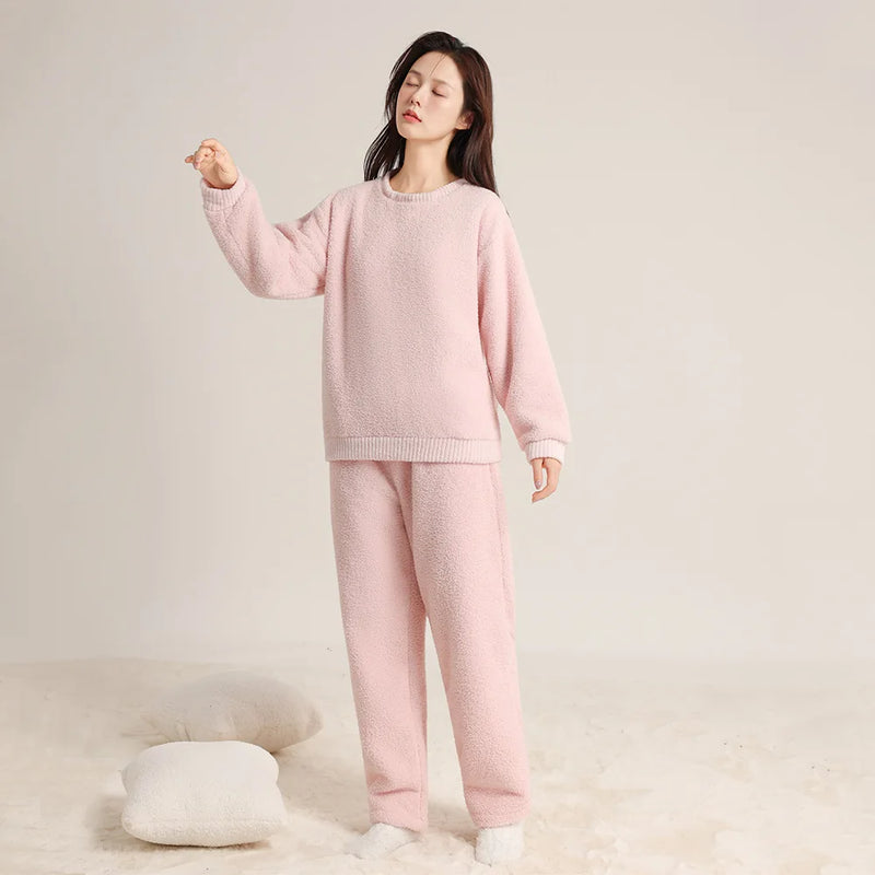 Couple Pajamas Set Coral Fleece Winter Warm Sleepwear Long Sleeve Thicken Women Pajama Loose Sleeping Clothes Home Wear Suit