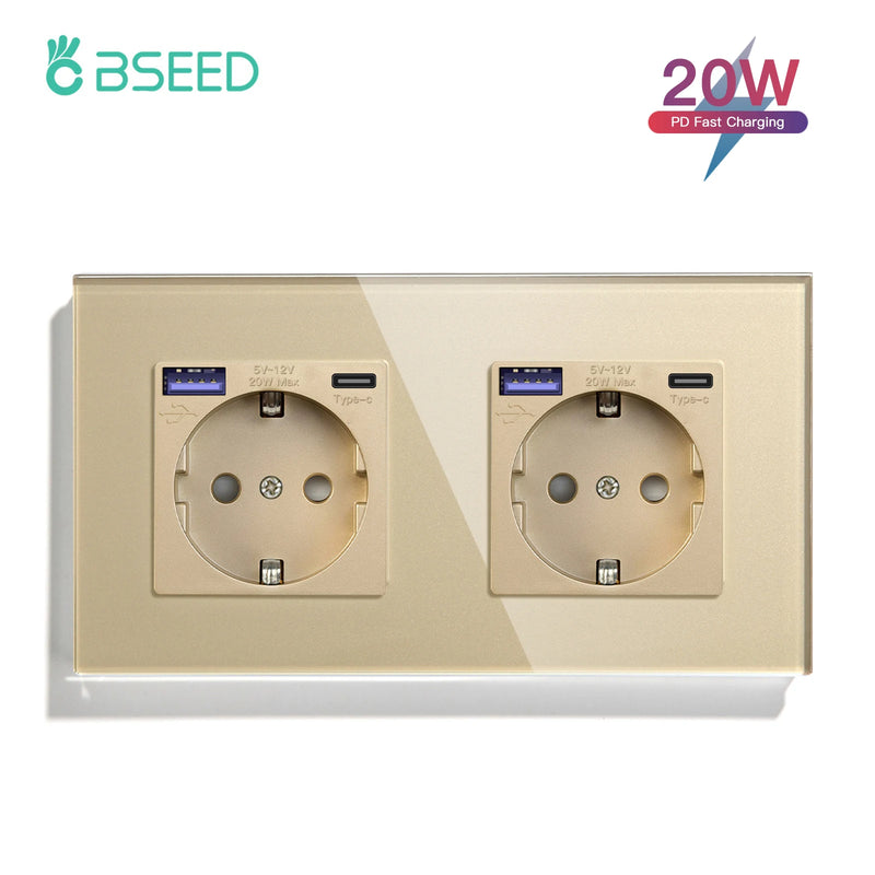 BSEED EU Standard Wall Power Sockets Type-C Interface Outlet USB Fast Charge Port 20W Glass Panel Kids Protection 16A
