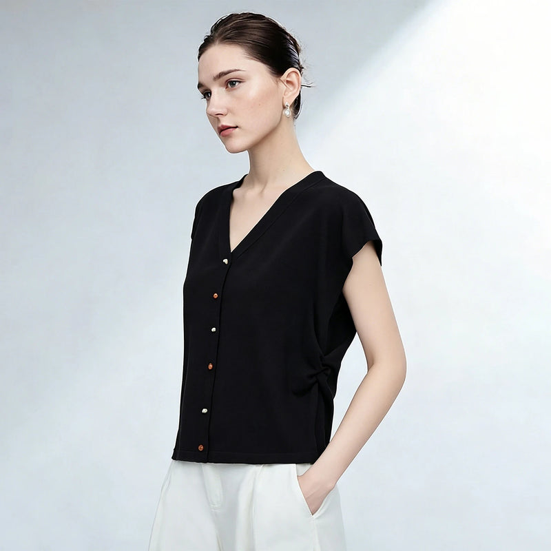 Amii Women's Cardigan 2026 Summer New Color Contrast Buttons Cap Sleeve Cropped Knit Top V Neck Casual Short Sweater 12622211