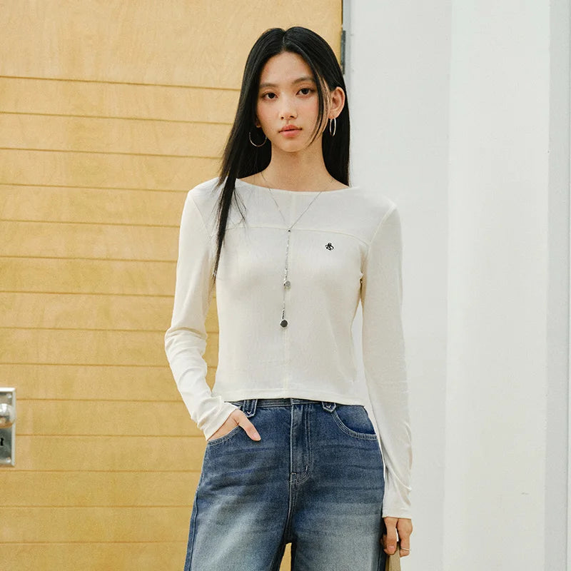 Semir Stylish Tshirt Women 2026 Spring Short Boat Neck Slim Fit Embroidered Inner Layer Unique Design Versatile Top