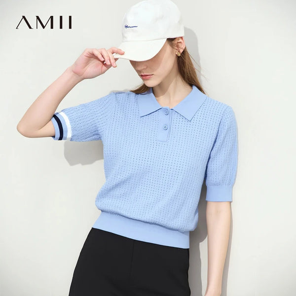 អាវប៉ូឡូ AMII សម្រាប់ស្ត្រី រដូវស្លឹកឈើជ្រុះ ឆ្នាំ២០២៦ កអាវថ្មី បង្វិលលើ អាវយឺតប៉ាក់ពណ៌ផ្ទុយគ្នា អាវយឺតធម្មតា 12641084