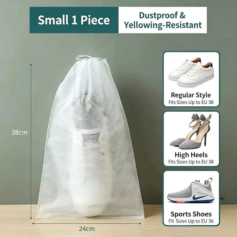 Disposable Non Woven Shoe Storage Bags with Drawstring, Dust Proof Hanging Shoe Organizer Pouches for Travel Closet Outdoor Use
