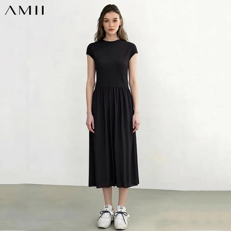 Amii Women's Dress 2026 Summer New O-Neck A-line Chiffon Patchwork Short Sleeve Midi Dress Office Casual Woman Clothing 12622073