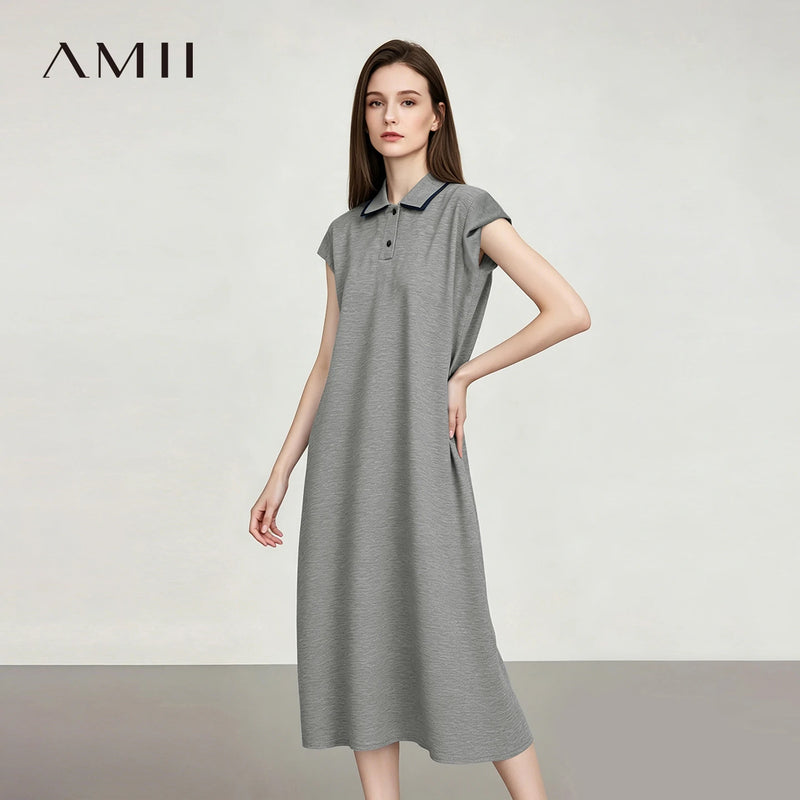 Amii Womens Dresses 2026 Summer New Color Block Contrast Lapel Air Layer Knitted Casual Loose Fit Midi Women's Dress 12622166