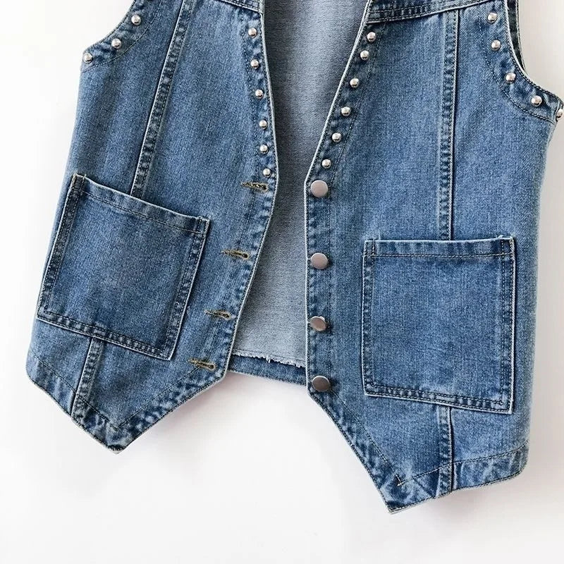 Fashion Rivet Denim Vest Women's Thin Short Spring Autumn Sleeveless Top Small Vest Outside Wear Jacket Female Waistcoat