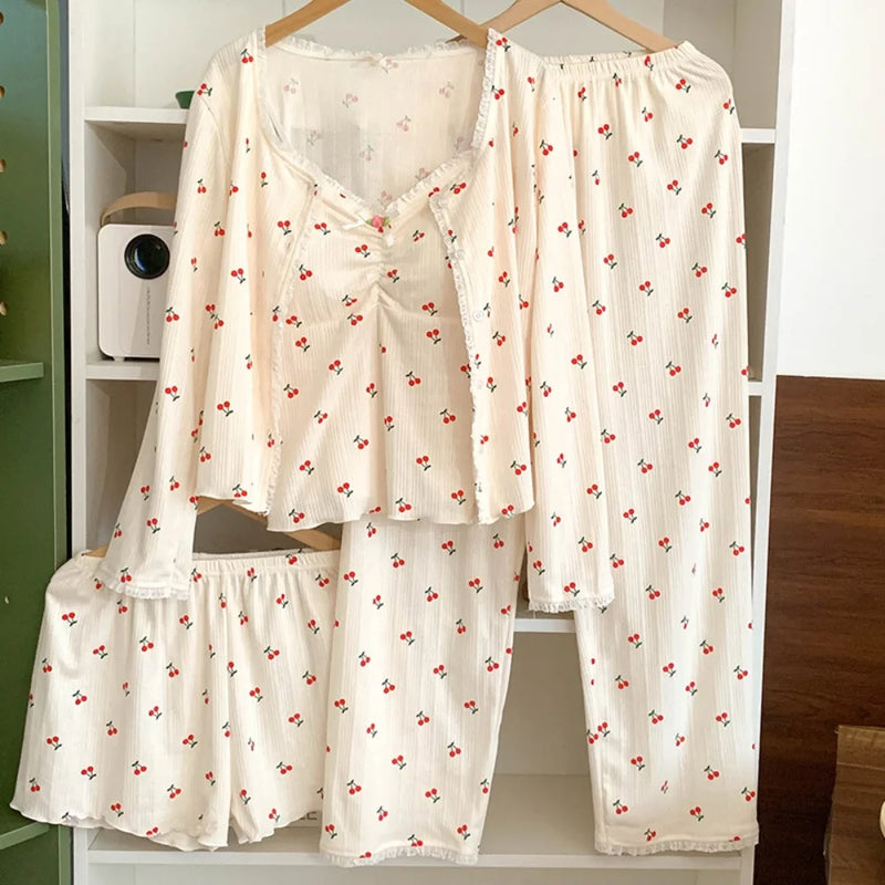 Women’s Loungewear Night Wear for Ladies Nightie Female Clothing Chest Pads Four-piece Pajamas New Spring Autumn Pyjama Pijama