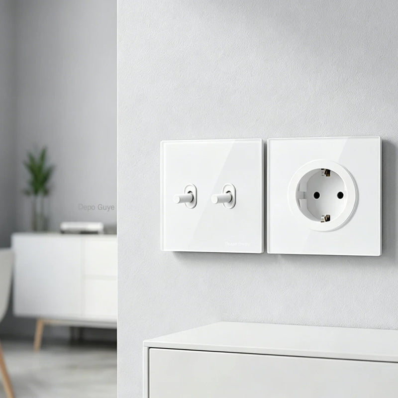Wall Toggle Light Switch EU FR Standard White Glass Panel European Power Socket With Dual Type-c 20W Fast Charge Port Outlet