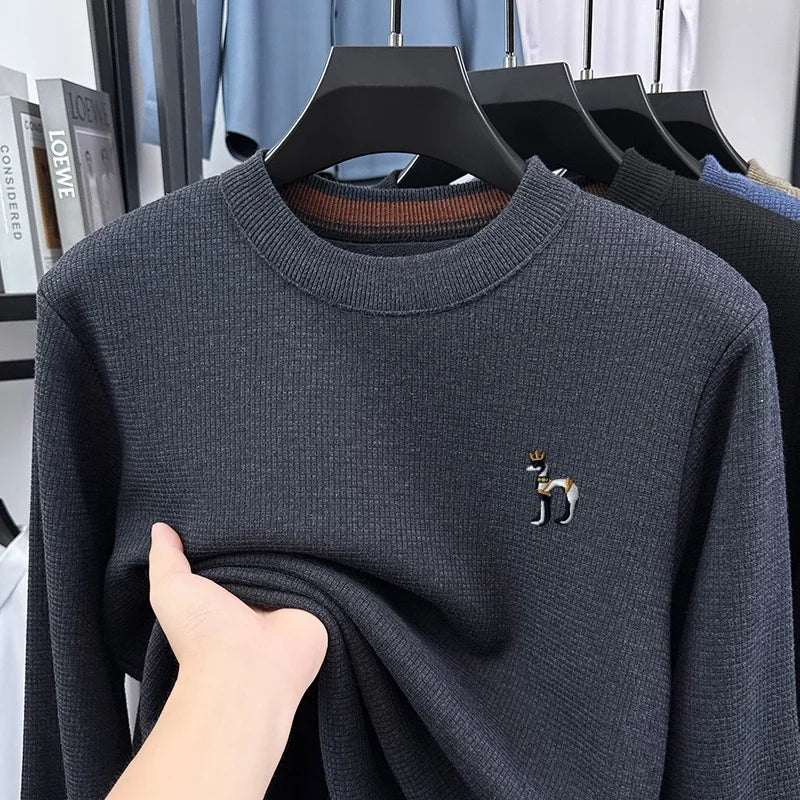 Hot Quality Men Long-Sleeved Knitwear Mock Neck Fleece-Lined Thickened Puppy Embroidery Spring New Pullover Trend Men's Clothing