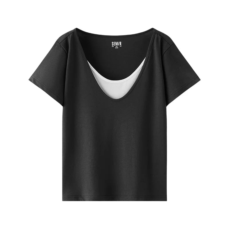 Semir Womens Tshirt 2026 Cotton Linen Fake Two Piece Color Block U Neck Elegant Simple Casual