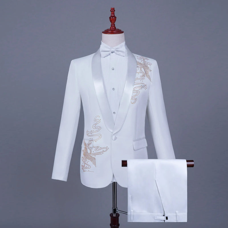 Men's Black Tuxedo Set with Diamond Embellished Jacket and Matching Trousers in White for Choirs/Stage Performances/Weddings