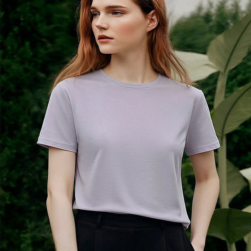 Amii Basic Women's T-Shirt 2026 Summer Casual Round Neck Short Sleeve Tee Solid Color Versatile Slim Fit Top for Women 12622008