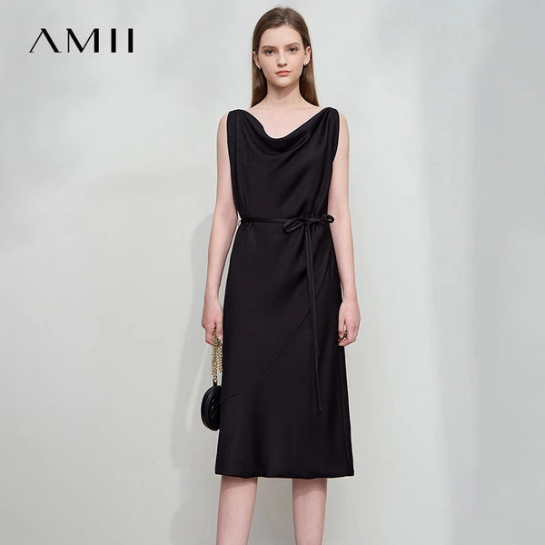 AMII Minimalism Summer Dress 2026 Thin Belt Swing Neck Dress Elegant Sleeveles Eveing Black Midi Dresses Women Clothing 12542150