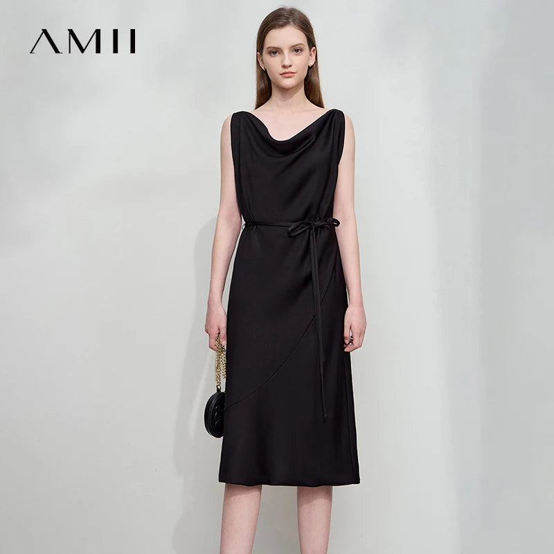 AMII Minimalism Summer Dress 2026 Thin Belt Swing Neck Dress Elegant Sleeveles Eveing Black Midi Dresses Women Clothing 12542150