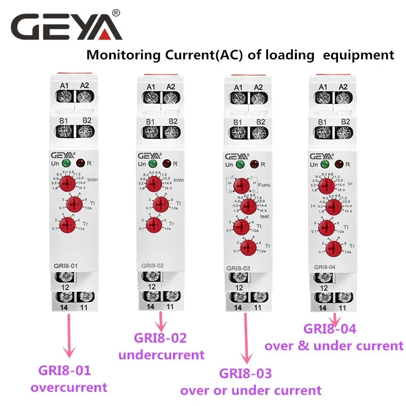 GEYA GRI8-03/04 ឧបករណ៍ត្រួតពិនិត្យចរន្តលើស និងក្រោម 0.5A 1A 2A 5A 8A 16A រេឡេត្រួតពិនិត្យចរន្ត