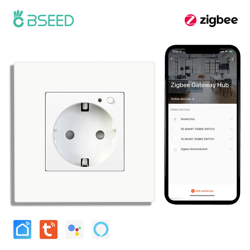 BSEED ZigBee Smart Socket Double Power Outlet Smart Wall Socket Plastic Frame Tuya Google Home Smart Life Control Blue Backlight