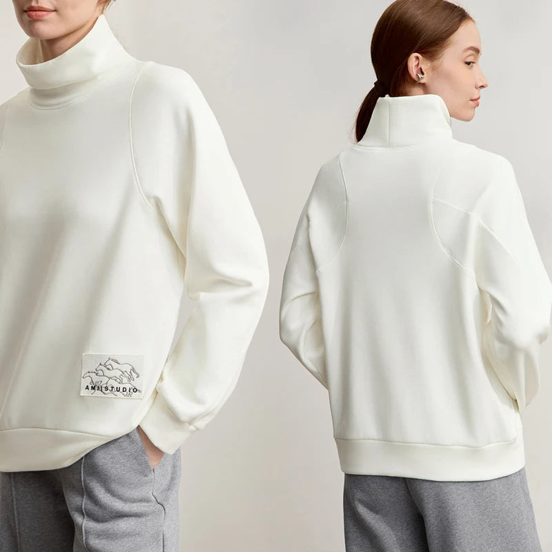 Amii Turtleneck Woman Sweatshirts 2026 Winter New Casual Versatile Loose Long Sleeve Tops Elastic Embroidery Sweater 12514013
