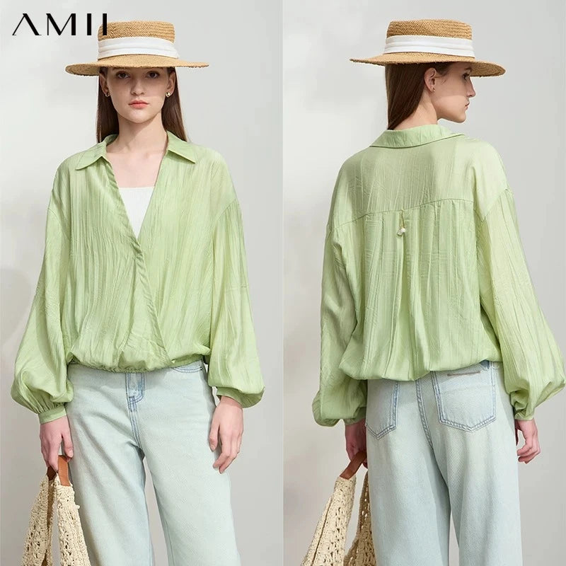 អាវ AMII Minimalist Chiffon សម្រាប់នារី រដូវស្លឹកឈើជ្រុះឆ្នាំ ២០២៦ ថ្មី ធម្មតា អក្សរសាស្ត្រ Lapel V-Neck ដៃអាវរាងចង្កៀង អាវរលុង 12541132