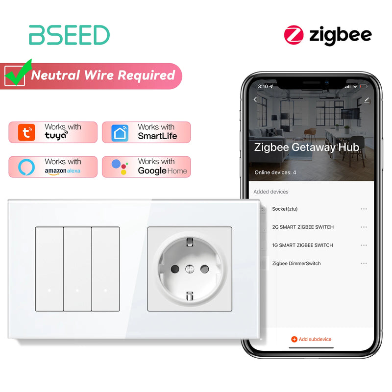 BSEED Zigbee Light Switch 1/2/3Gang 2Way Smart Click Button Switch Glass Panel White LED Indicator Tuya Smart Life Alexa Control