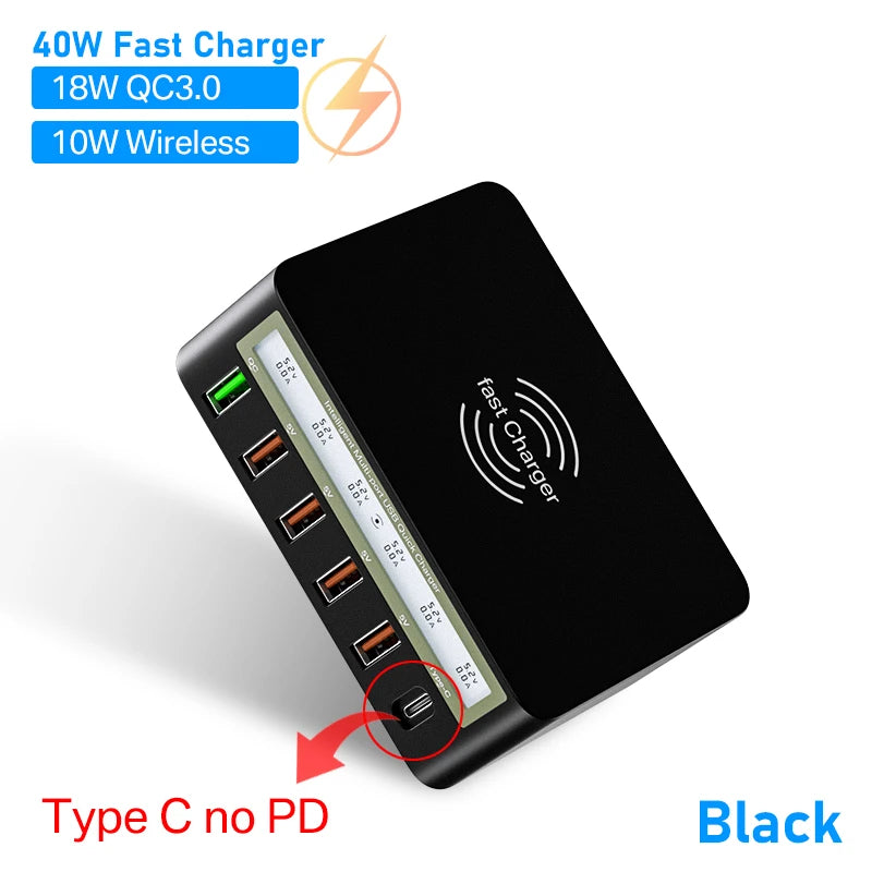 ឆ្នាំងសាក USB 6 រន្ធ សាកលឿន ឆ្នាំងសាកឥតខ្សែ អាដាប់ទ័រឆ្នាំងសាកលឿន USB C PD ឆ្នាំងសាកទូរស័ព្ទ សម្រាប់ iPhone 13 12 11 Samsung Huawei
