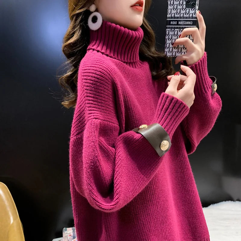Sweater Women's Korean Medium Long Top Autumn Winter Turtleneck Warm Pullover Shirt Long Sleeve Knitwear Jumper Female Sueter