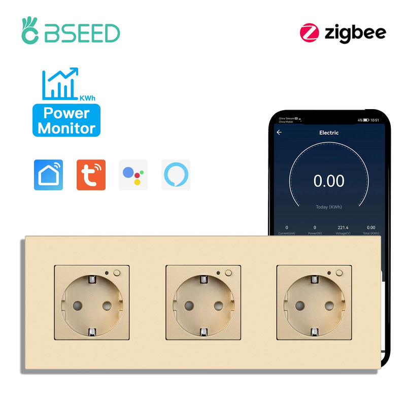 BSEED EU Standard Zigbee Wall Socket Smart Power Monitor Socket 220V 16A Plastic Panel Tuya Alexa Google Smart Life Control