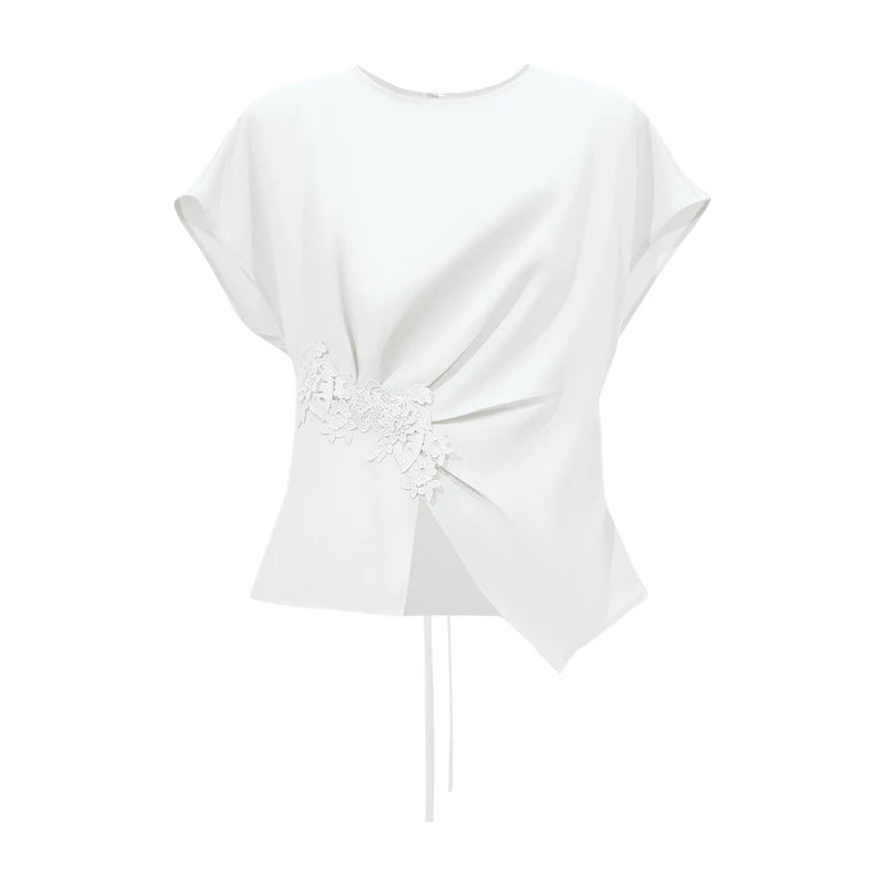 Amii Women's Blouse 2026 Summer New Round Neck Tie Detail Lace Raglan Short Sleeve Chiffon Top Asymmetric Casual Shirt 12622217