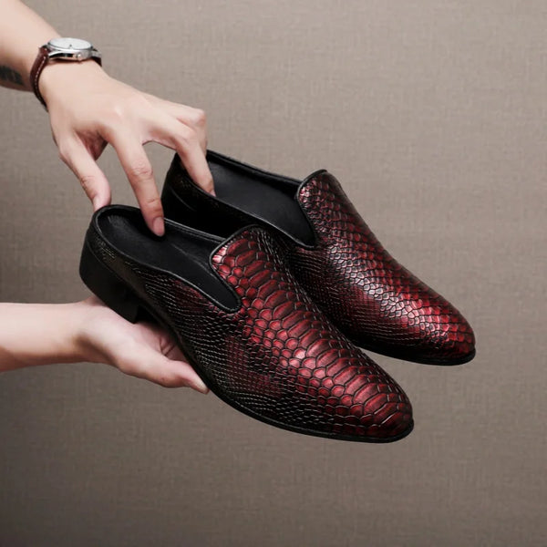 Big Size Mens Backless Mules Pointed Toe Slip on Loafers Men Low Heel Python Pattern Half Slippers Party Dress Shoes